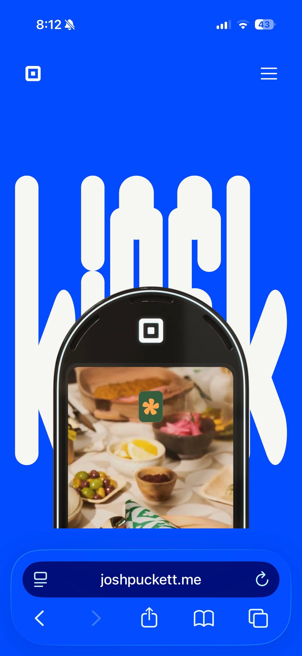 The recreated Square Kiosk page on iPhone, with blue continuing behind Safari’s status bar and bottom controls.