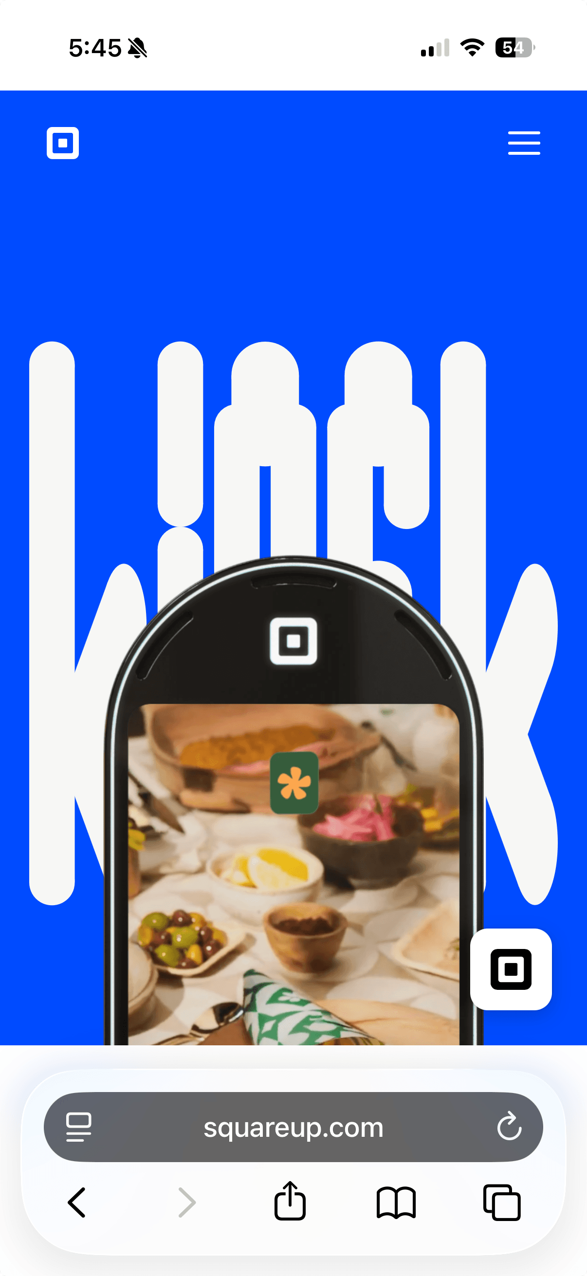 Square’s blue Kiosk hero on iPhone, surrounded by white Safari status and toolbar areas.